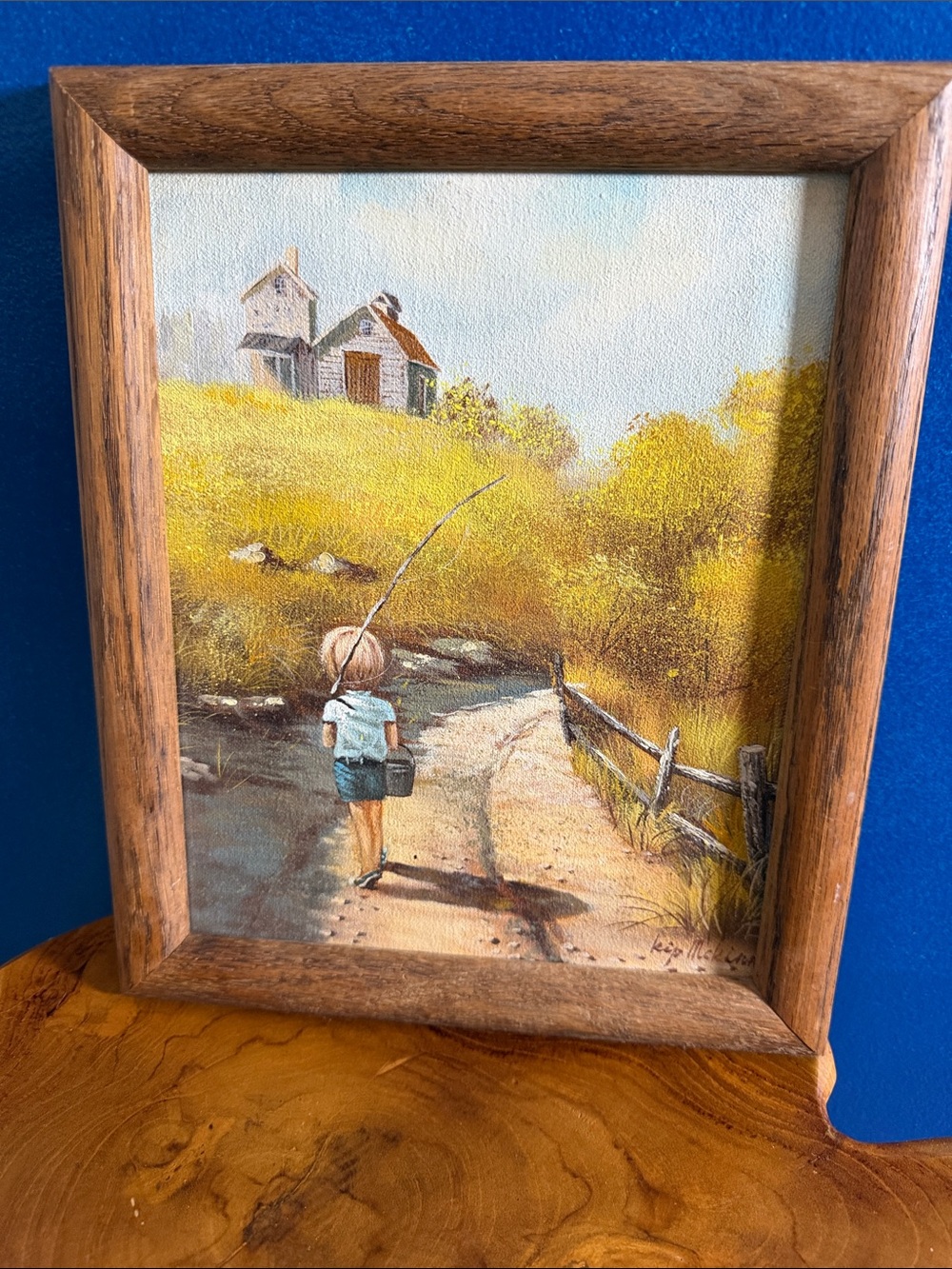 Vintage Signed Framed Kip McKinney Oil Scenic Landscape of Boy Fishing Painting
